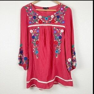 Goldleaf Floral Embroidered 3/4 Sleeve Tunic‎ Top Size Small Women